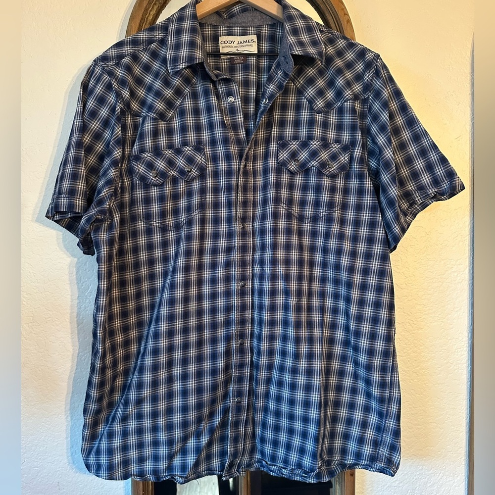 Cody James Western Plaid Snap Shirt Men’s XL Blue Short Sleeve PearlSnap Cotton